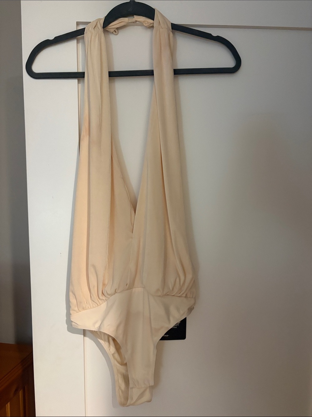 Lulu's Halter Plunge Bodysuit in Light Beige